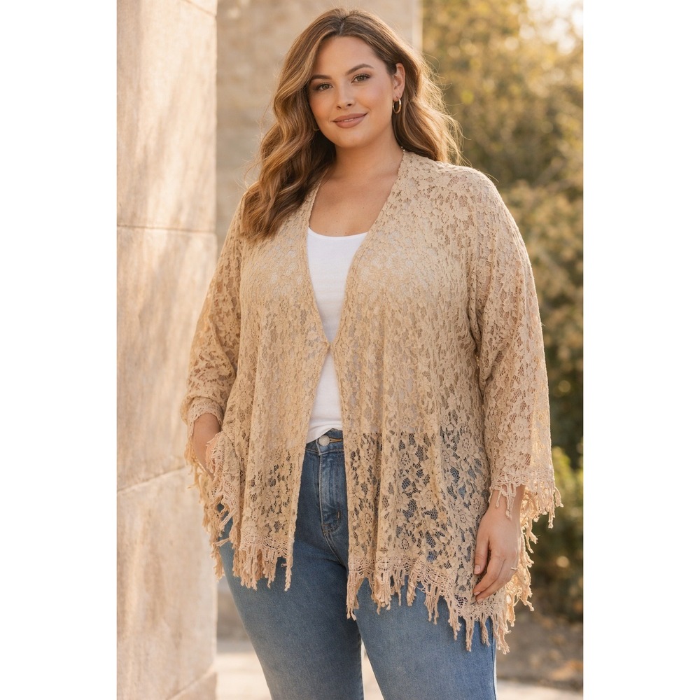 Roaman's 30W Beige Lace Kimono Cardigan Boho Fringe Open Front